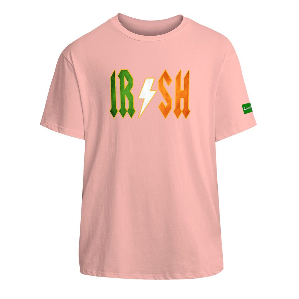 Pink T-shirt with the IRISH in AC/DC font – Rebel Gear