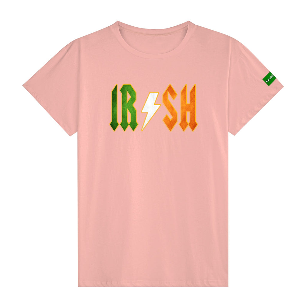 Pink T-shirt with the IRISH in AC/DC font