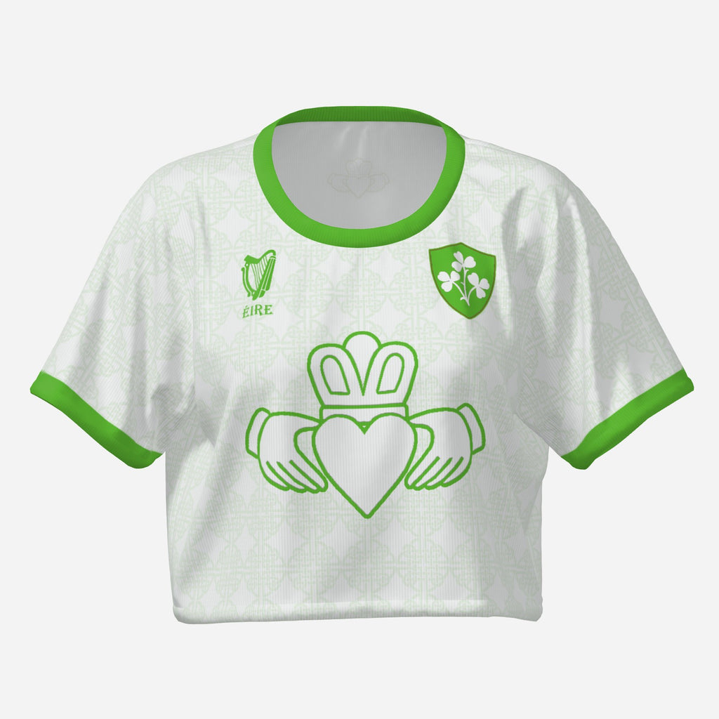 Short and Slim T-shirt, White and Green, Claddagh Ireland Retro