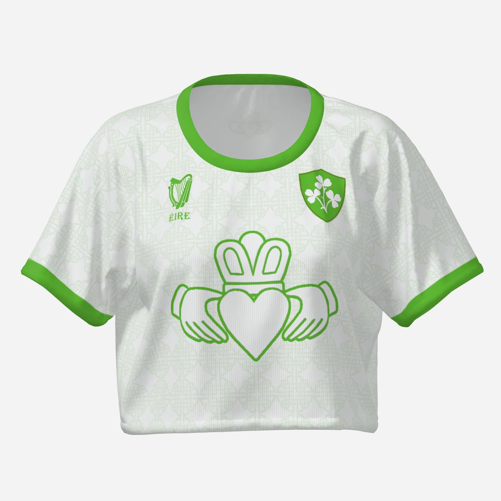Short and Slim T-shirt, White and Green, Claddagh Ireland Retro