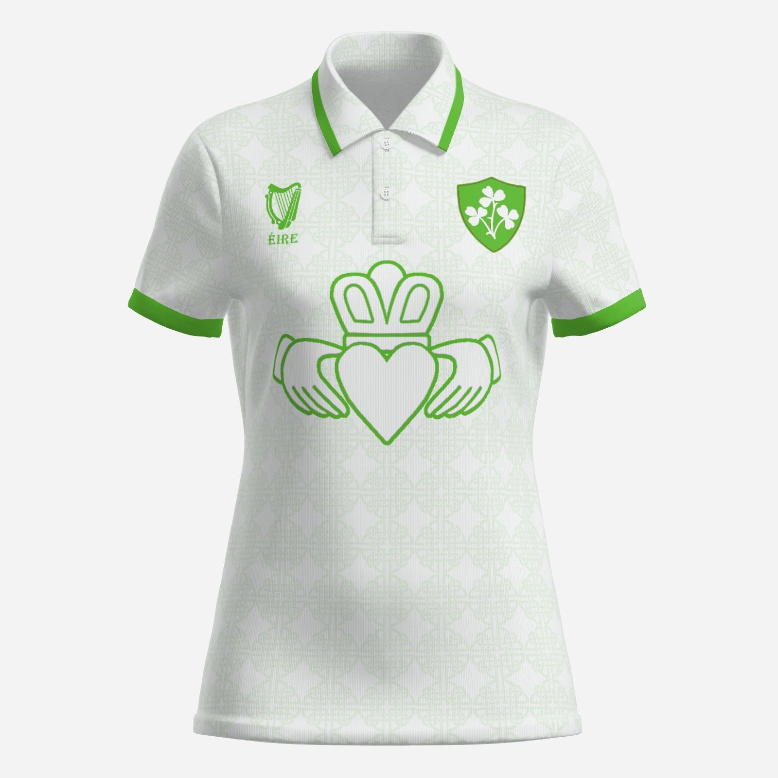 Womens Two Button Polo in Green and White, with Claddagh Ireland retro