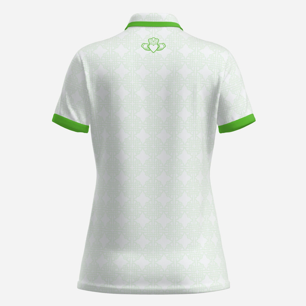 Womens Two Button Polo in Green and White, with Claddagh Ireland retro