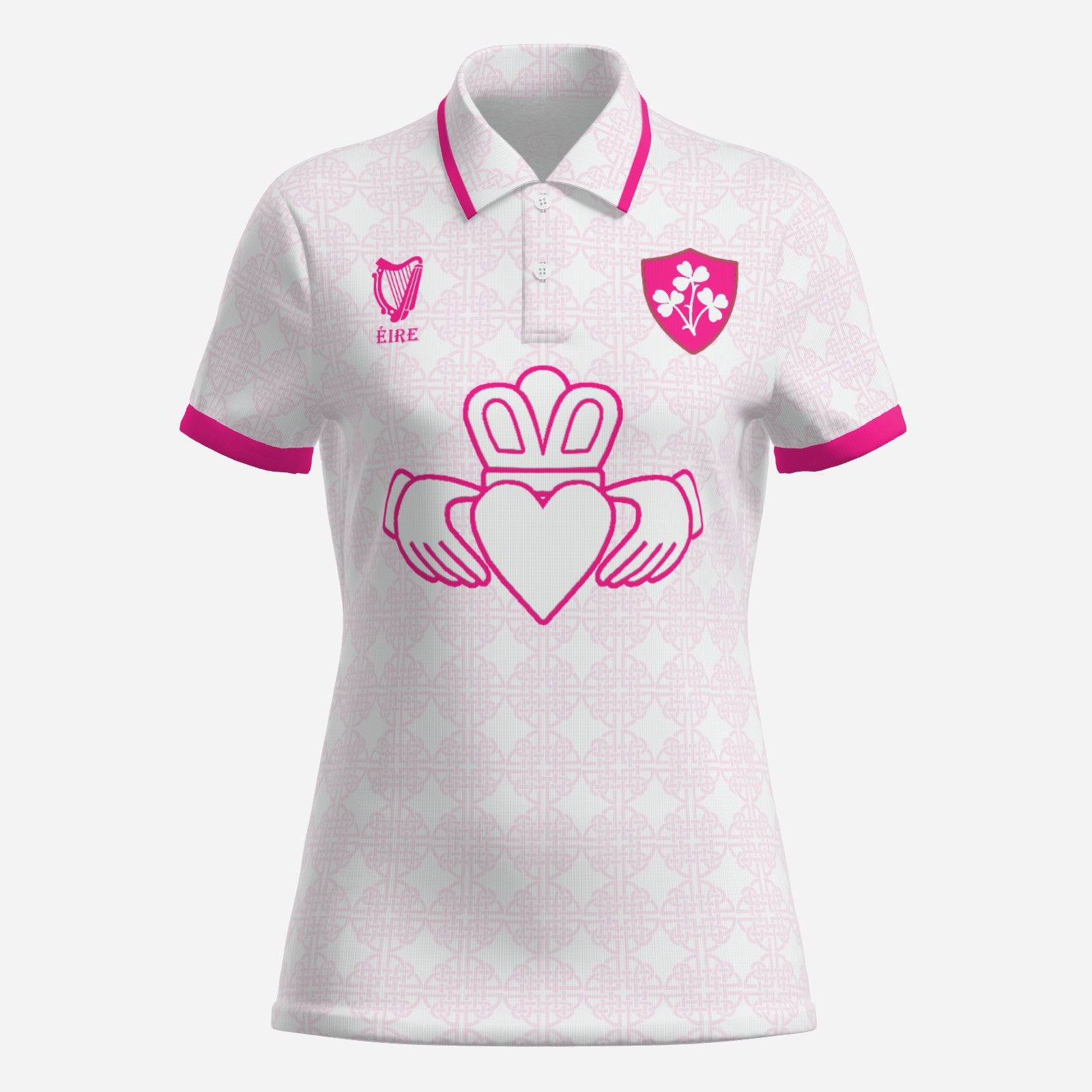 Womens Two button polo, Pink and White, Claddagh Ireland Retro
