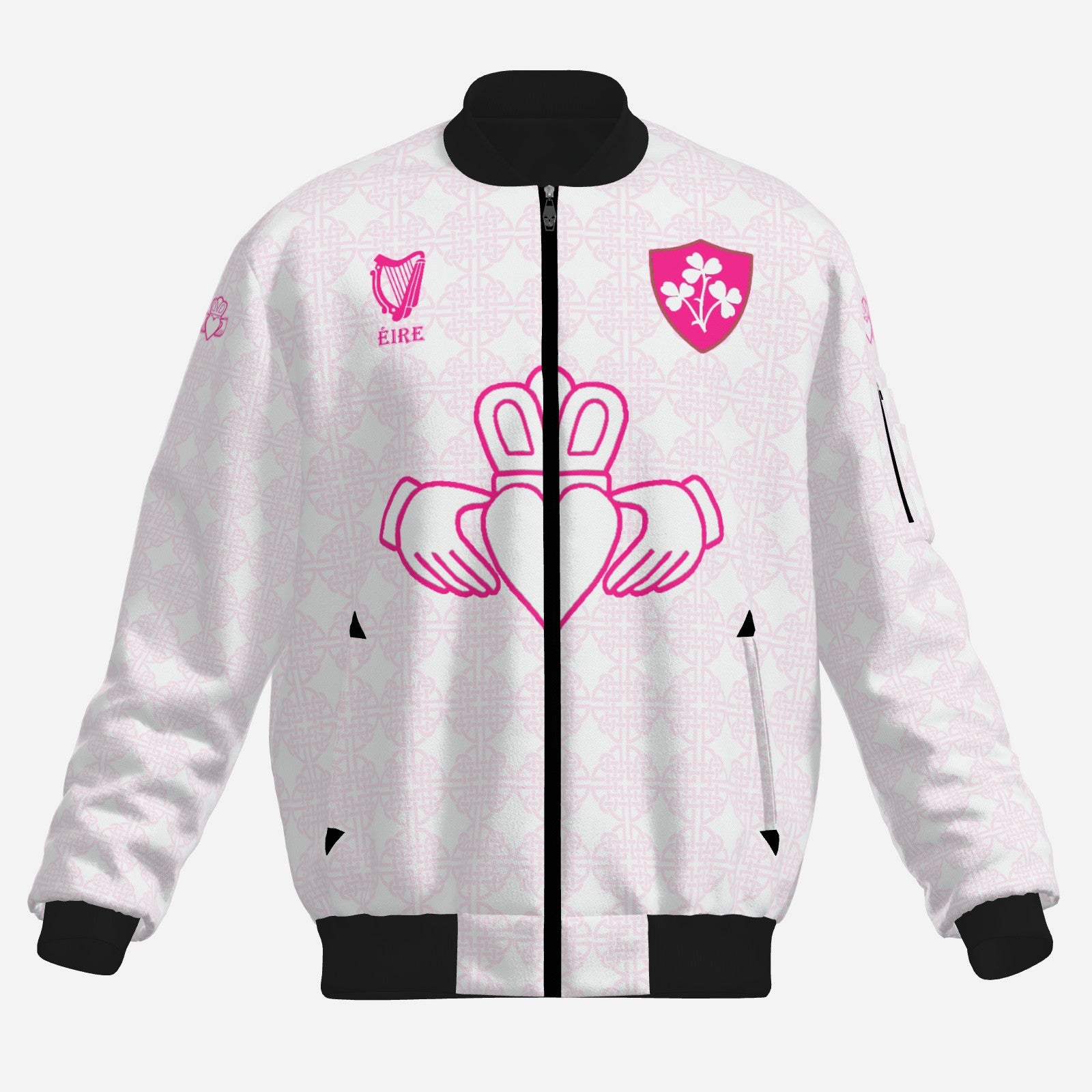 Retro Claddagh/Ireland Bomber Jacket White and Pink