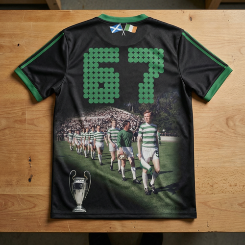 Camiseta Homenaje Celta – Edición Negra Con los Leones de Lisboa de 1967 Honrando Leyendas. Celebrando la Gloria.